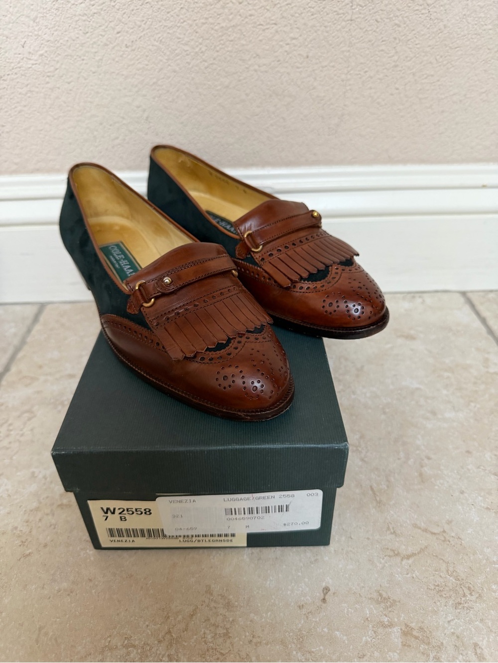 Vintage Cole Haan Venezia Brown Leather with Luggage Green Suede Loafers